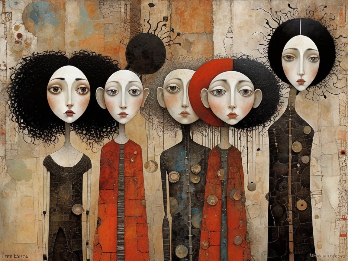 Stylized Figures with Large Heads in Abstract Artwork