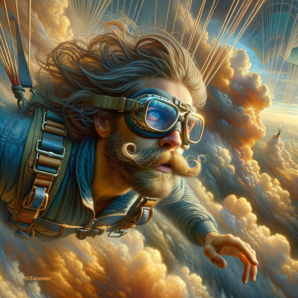 Man with handlebar mustache skydiving in golden cloud backdrop