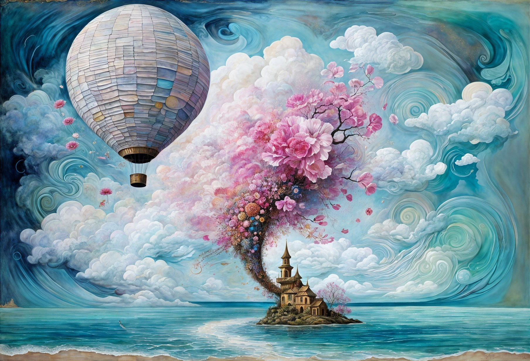 Vibrant Hot Air Balloon Over Serene Island Scene