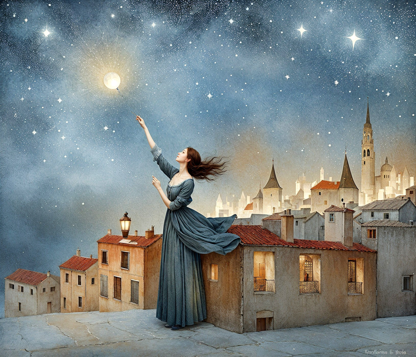 Woman in blue dress on rooftop under glowing moon