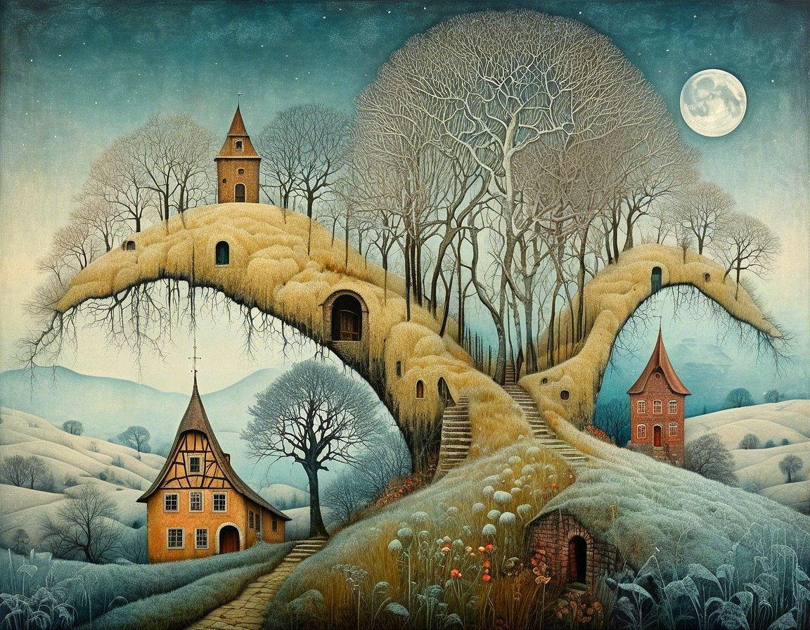 Whimsical Landscape with Moonlit Hills and Unique Houses