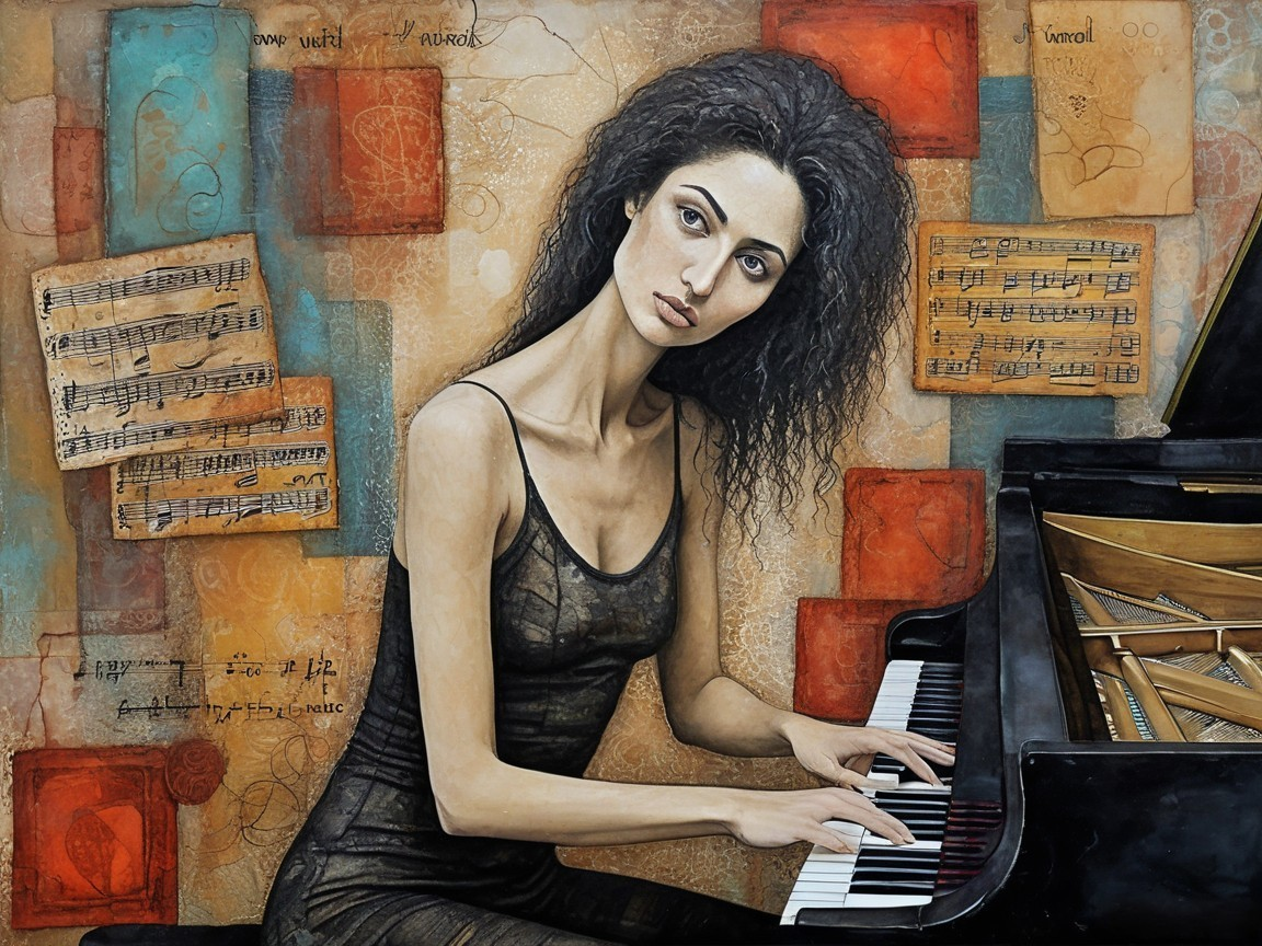 Young Woman Playing Piano with Abstract Background