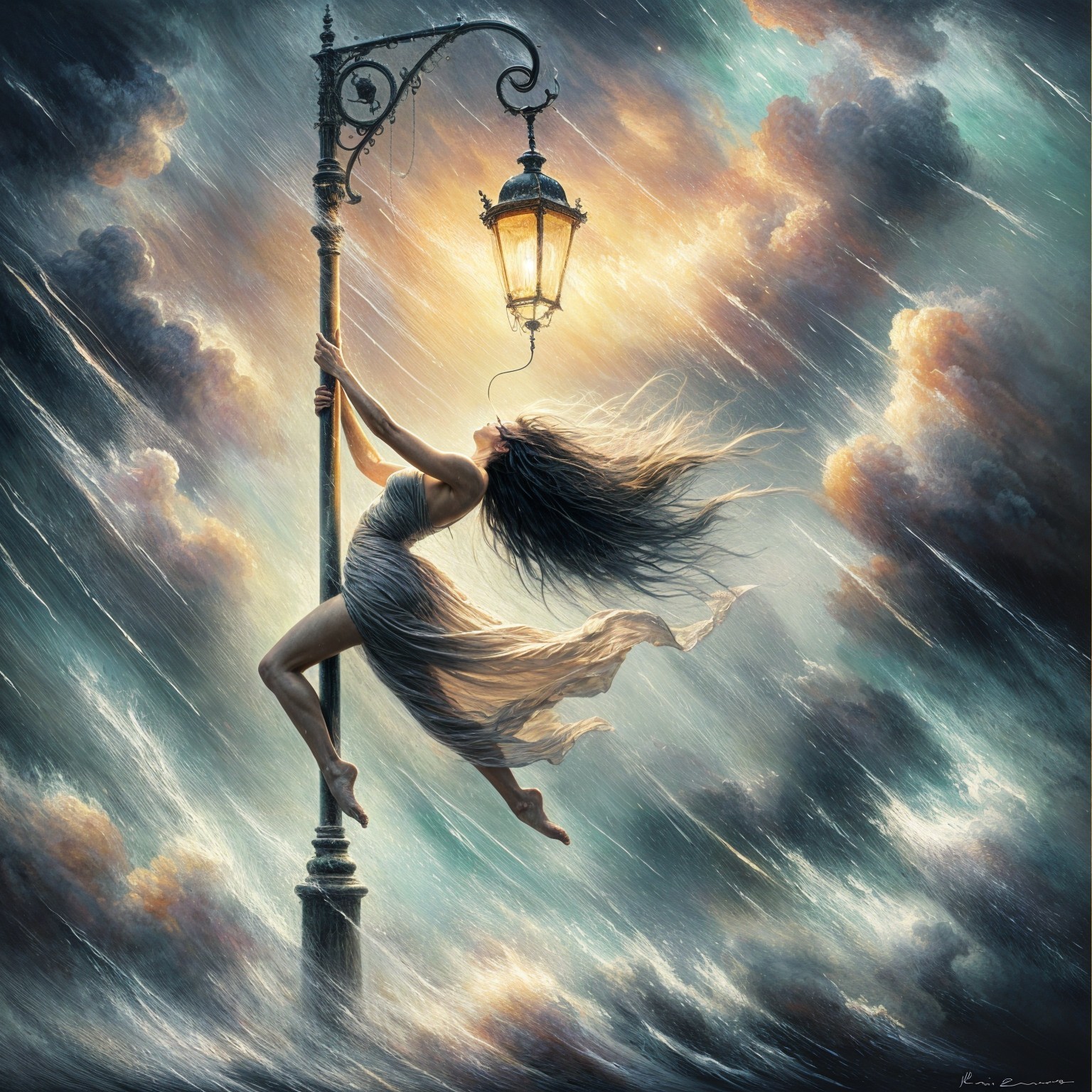 Ethereal figure by lamppost in stormy seascape