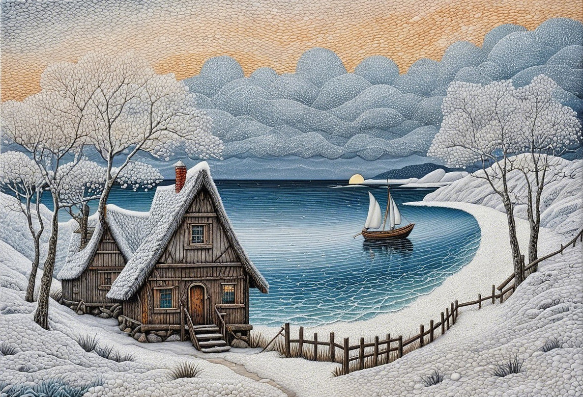 Wooden Cabin by Icy Shore with Sailboat at Sunset