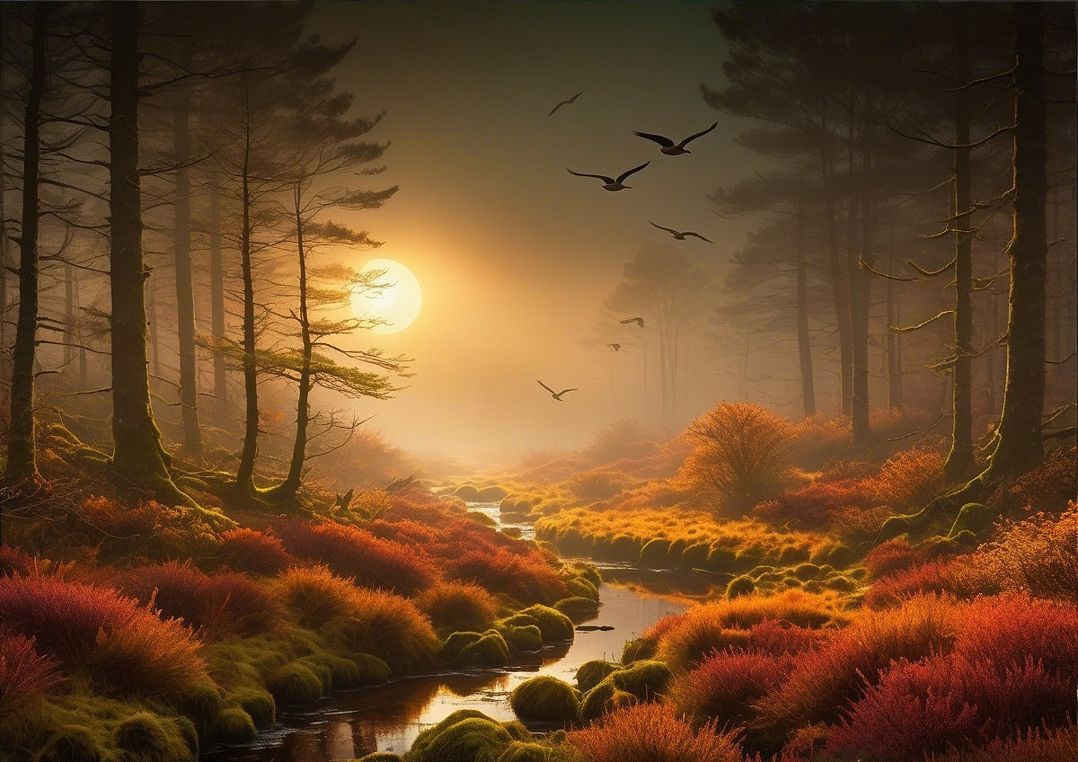 Serene Forest Scene at Dawn with Stream and Foliage