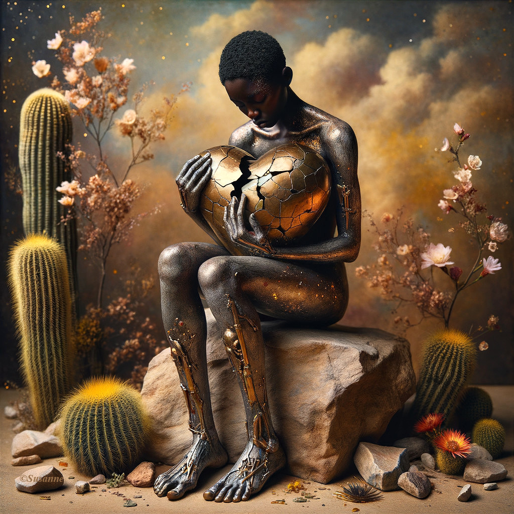 Golden humanoid with cracked sphere among cacti and blossoms on rock under starry sky