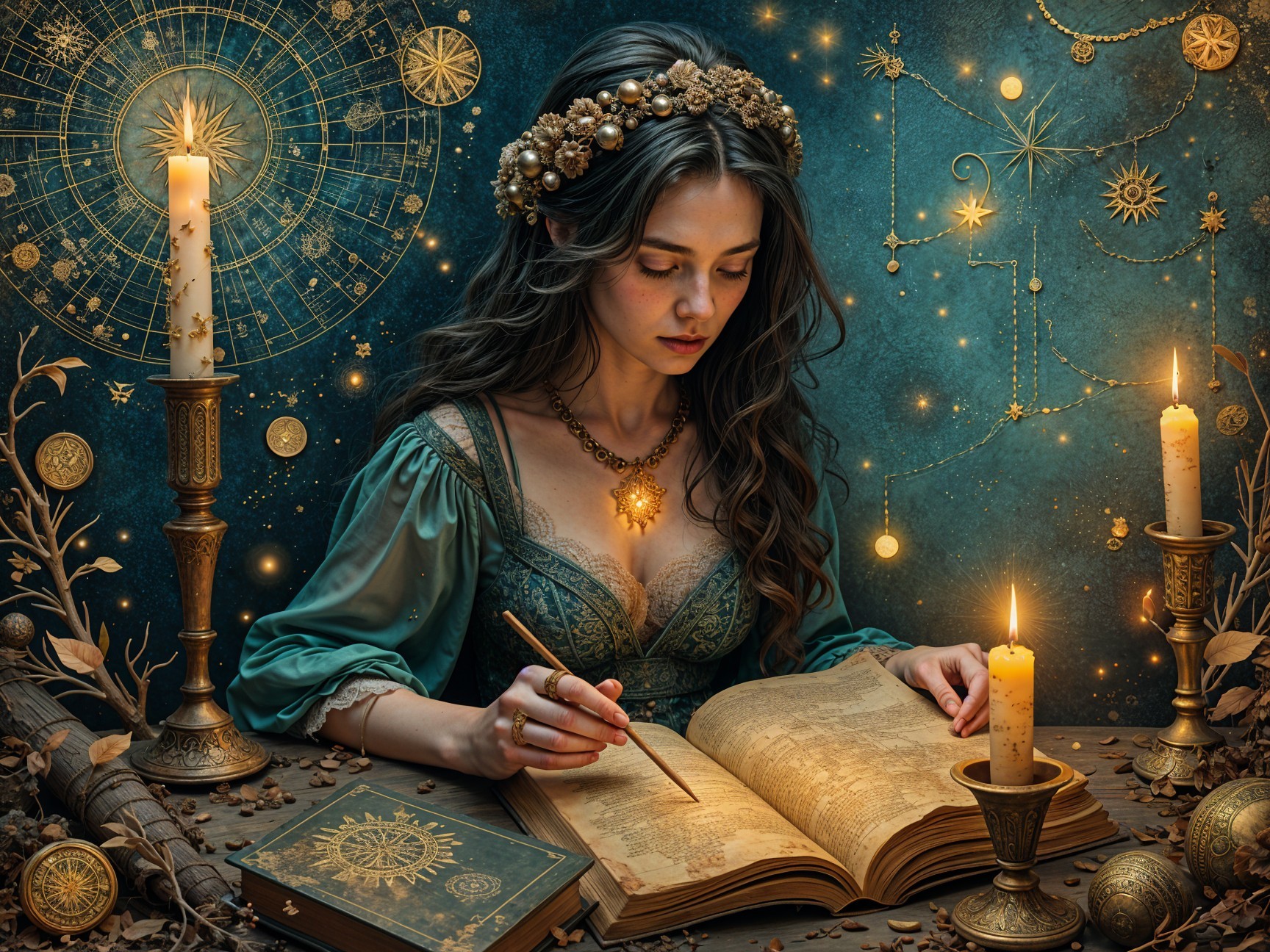 Young woman in vintage outfit at a candlelit table
