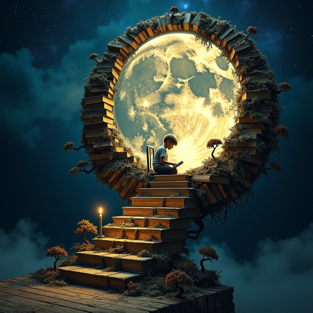 Child Reading on Book Staircase with Moonlit Portal