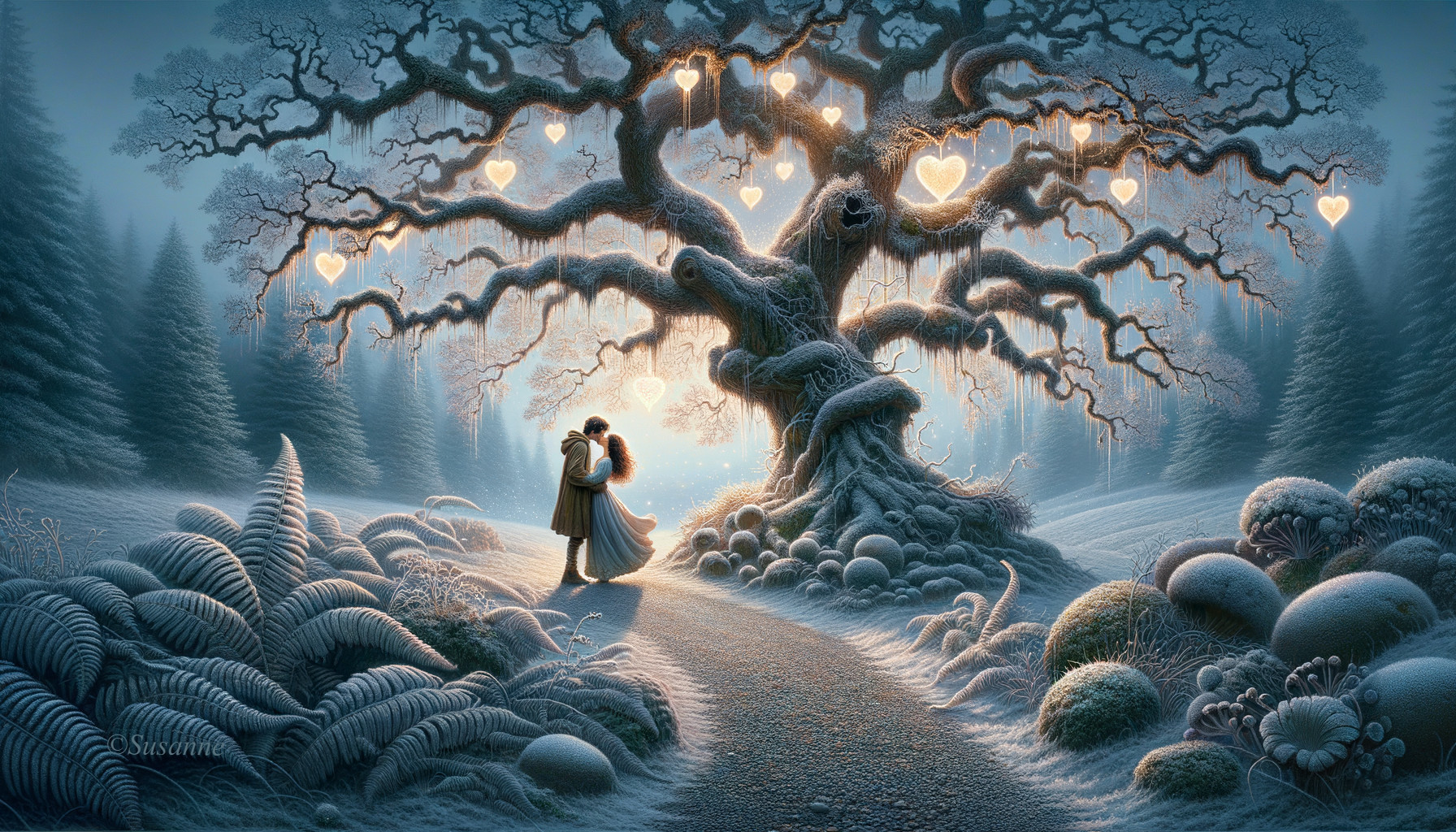 Couple Embraces Under Large Tree with Heart Lanterns in Snowy Twilight