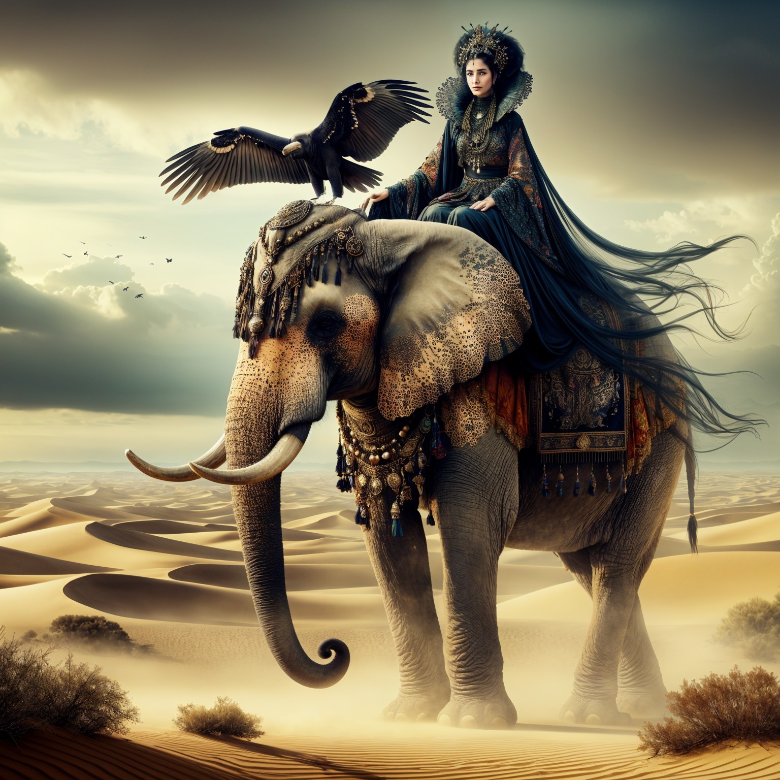 Surreal Desert Scene with Elephant and Regal Woman