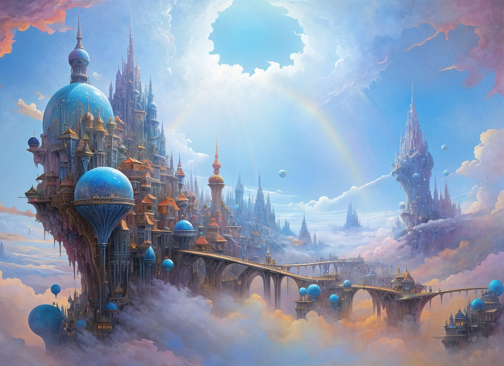 Fantastical Landscape with Castles and Hot Air Balloons