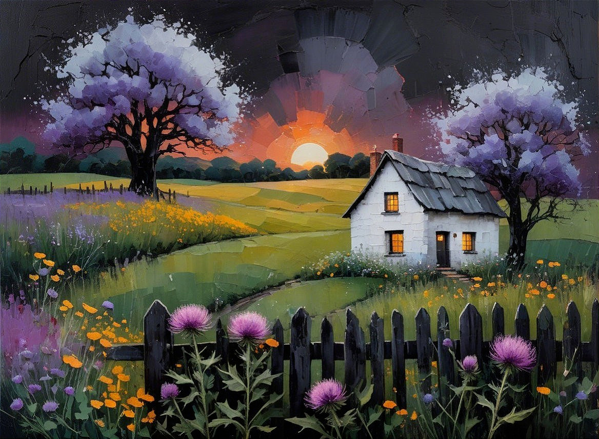 Serene Landscape with Cottage and Vibrant Meadows