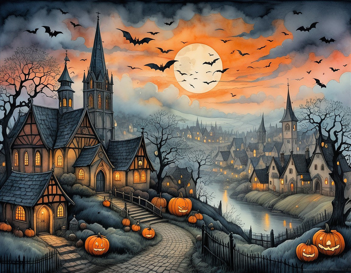 Halloween Village Under Orange Moon and Bats