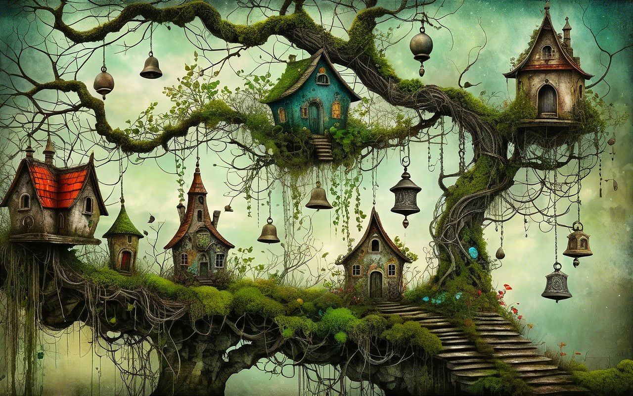 Whimsical Tree Houses Surrounded by Lush Greenery