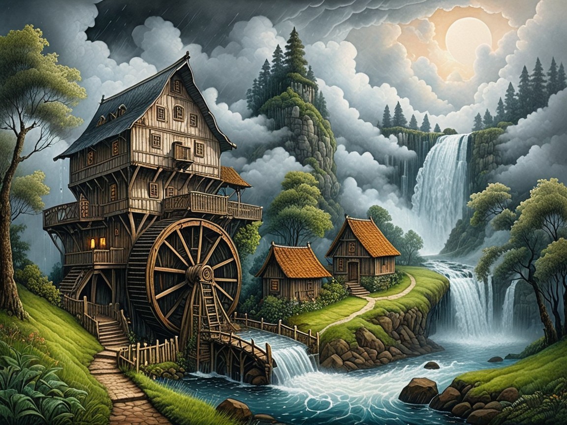 Charming Watermill Scene with Waterfall and Cottages