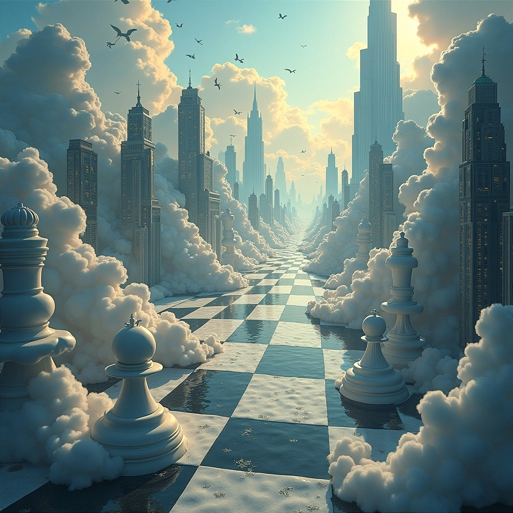 Surreal Landscape with Chessboard and Skyscrapers