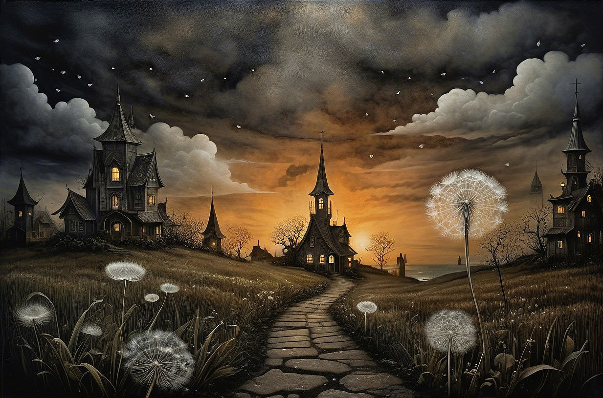 Mysterious Dusk Landscape with Whimsical Buildings