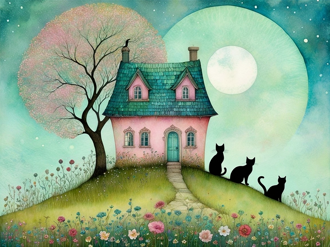 Whimsical Scene of Pink House and Luminous Moon