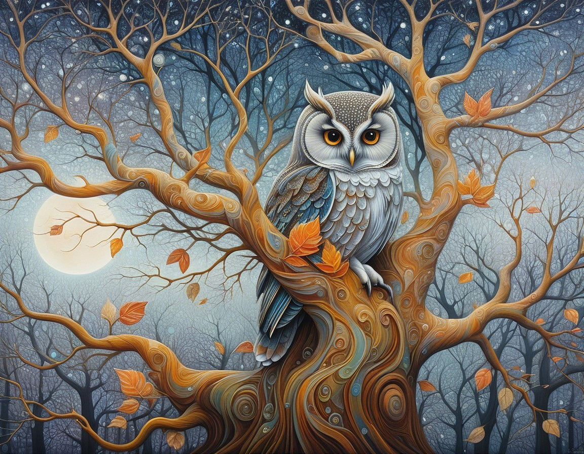 Stylized owl on a twisted branch at twilight sky