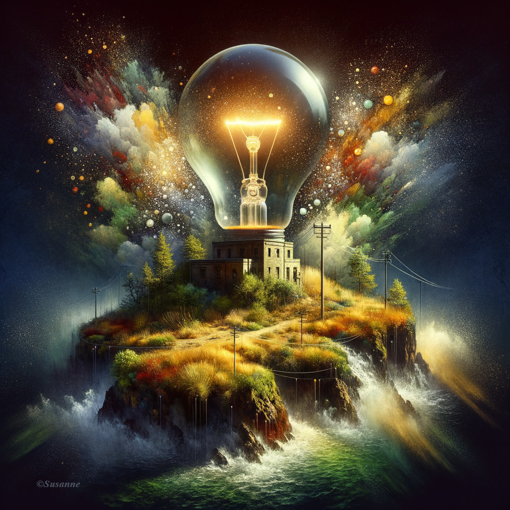 Surreal Landscape with Light Bulb and Colorful Waves