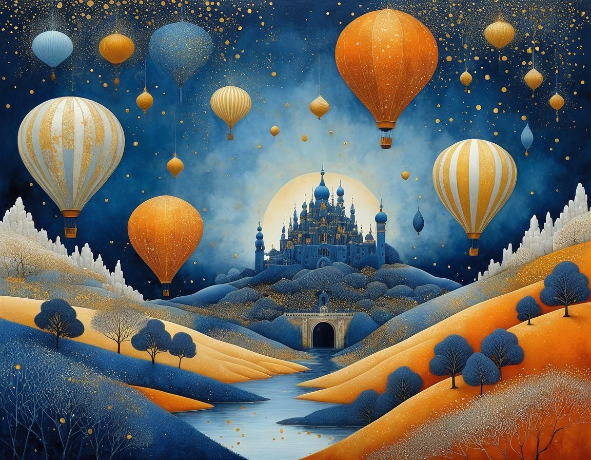 Majestic Castle and Hot Air Balloons in Enchanted Night