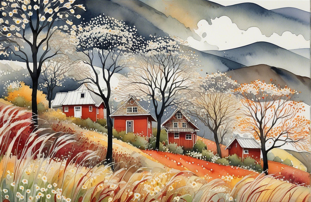 Serene Autumn Landscape with Rolling Hills and Houses