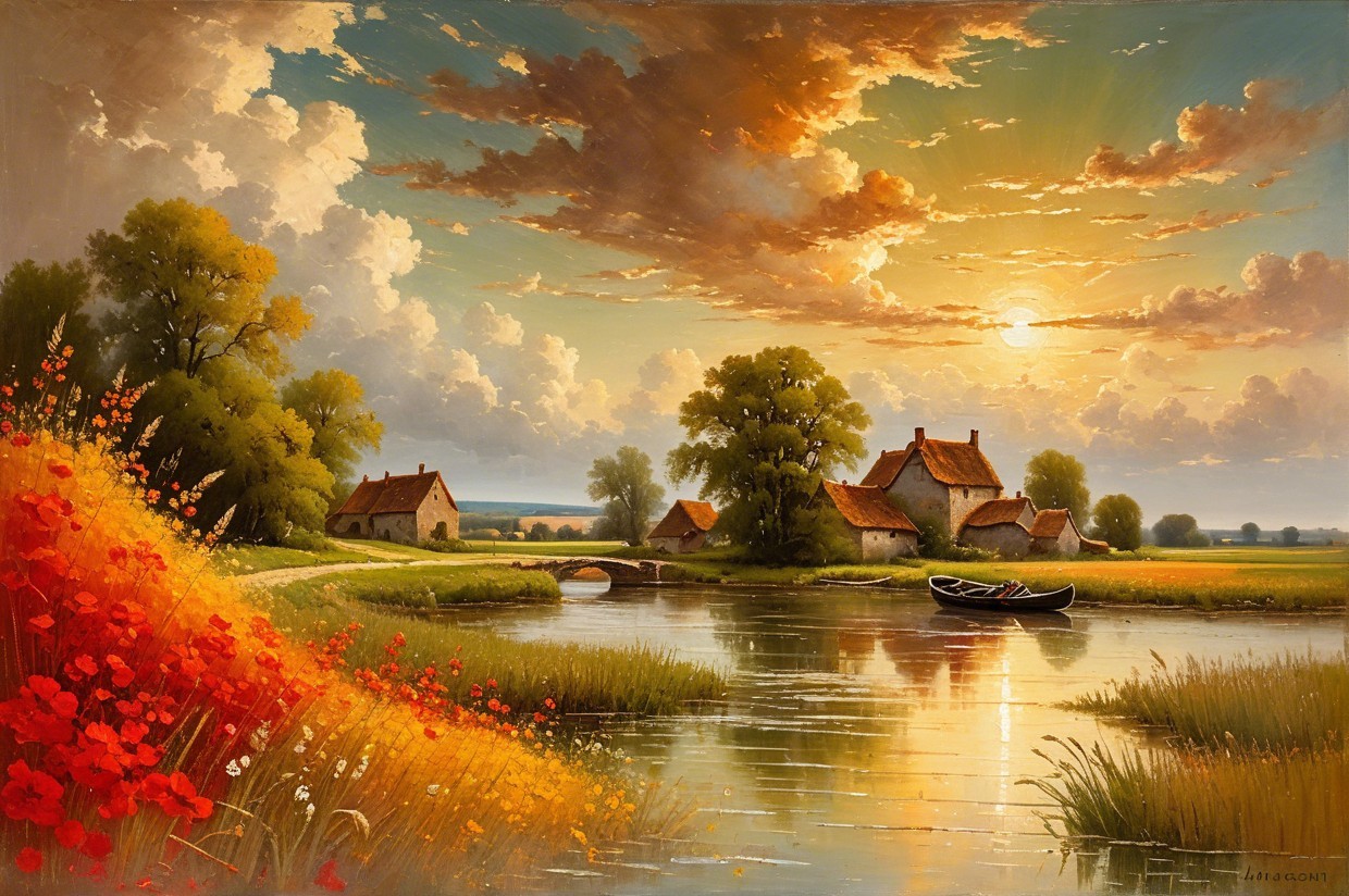 Tranquil River Landscape with Rustic Cottages and Flowers