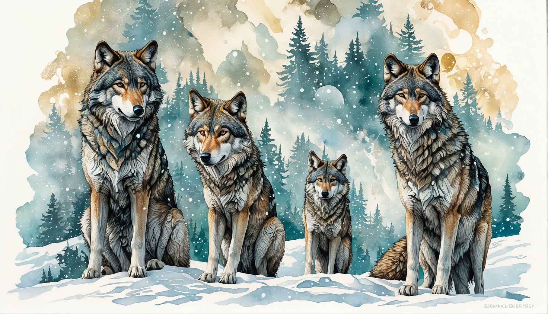 Watercolor Painting of Wolves in a Snowy Forest