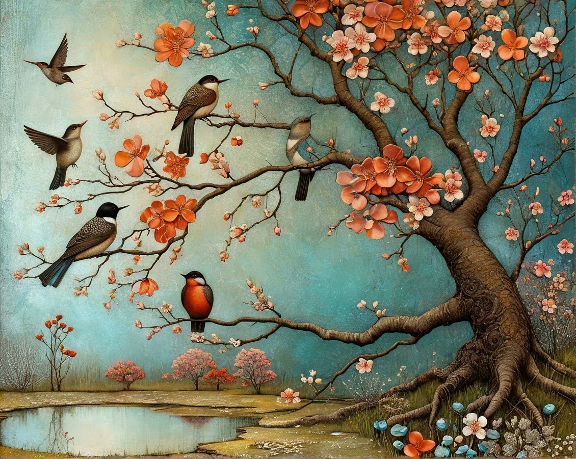 Vibrant tree with orange flowers and tranquil pond scene