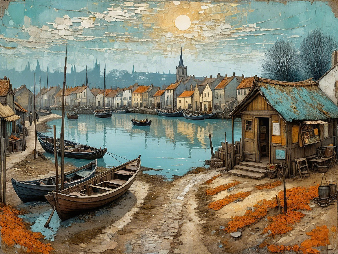 Riverside Scene with Quaint Houses and Boats
