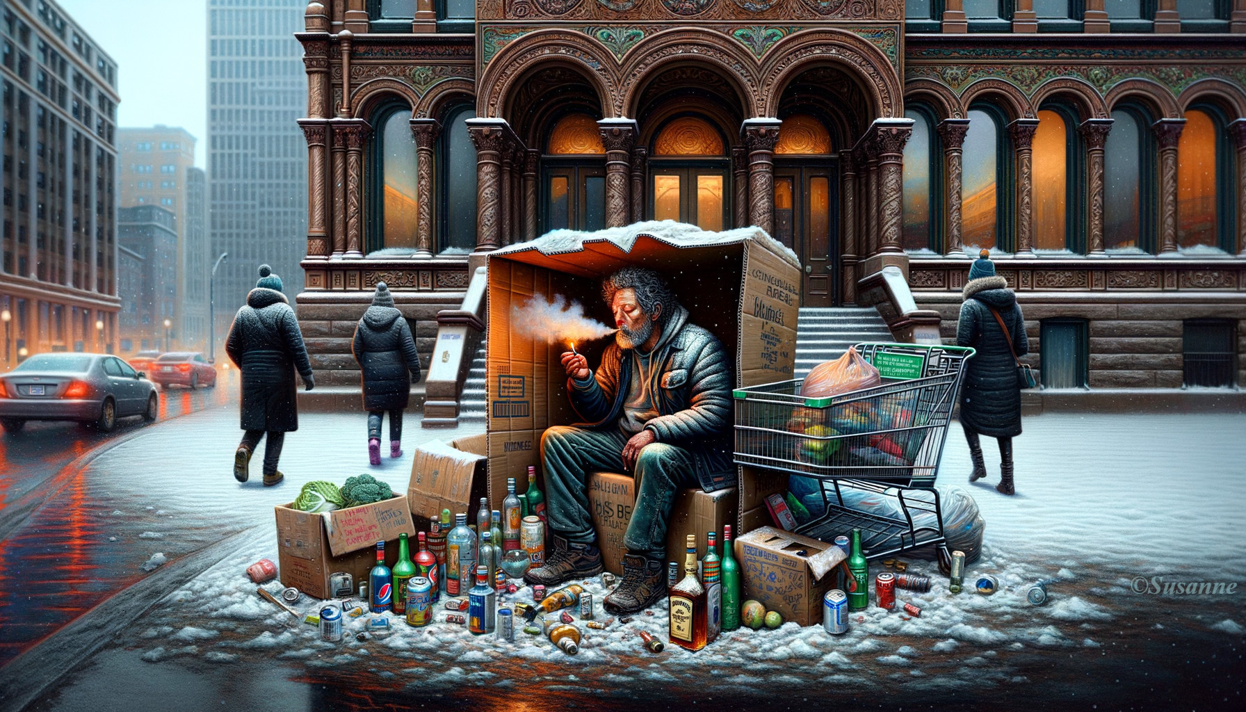 Homeless Person by Makeshift Shelter on Snowy Street