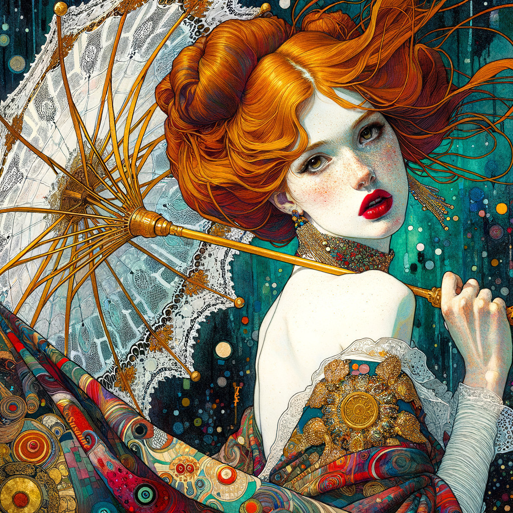 Illustrated woman with red hair and lace parasol against ornate backdrop
