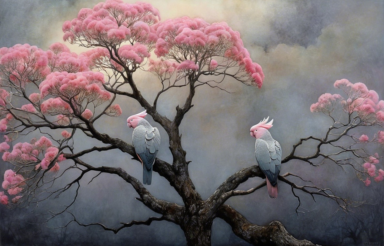 Majestic tree with pink blossoms and elegant cockatoos