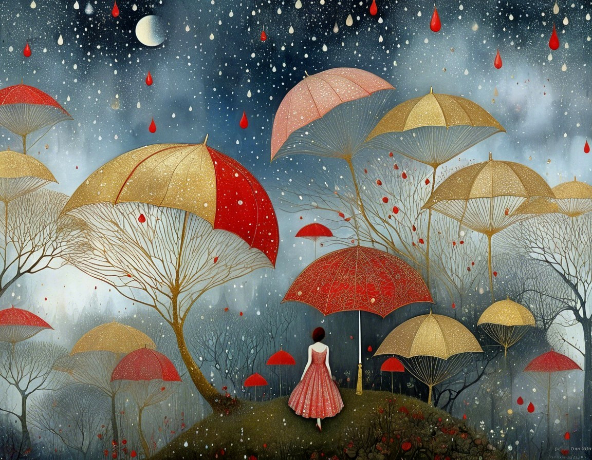 Whimsical Landscape with Umbrellas and Dreamlike Trees