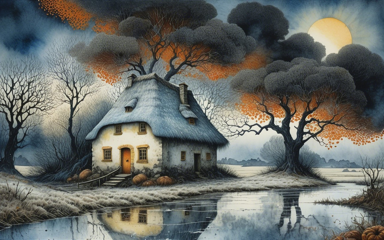 Thatched-Roof Cottage by Tranquil River in Autumn