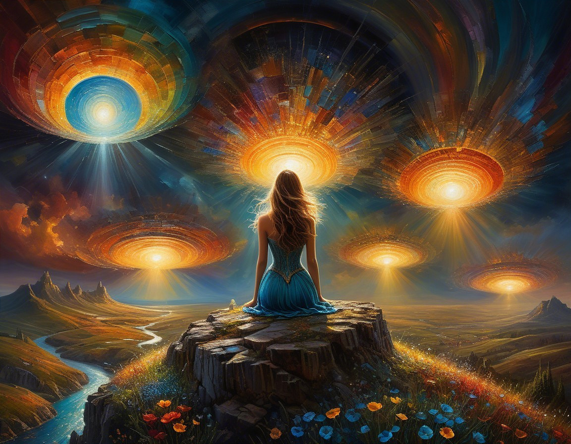 Serene Landscape with Woman and Glowing Orbs