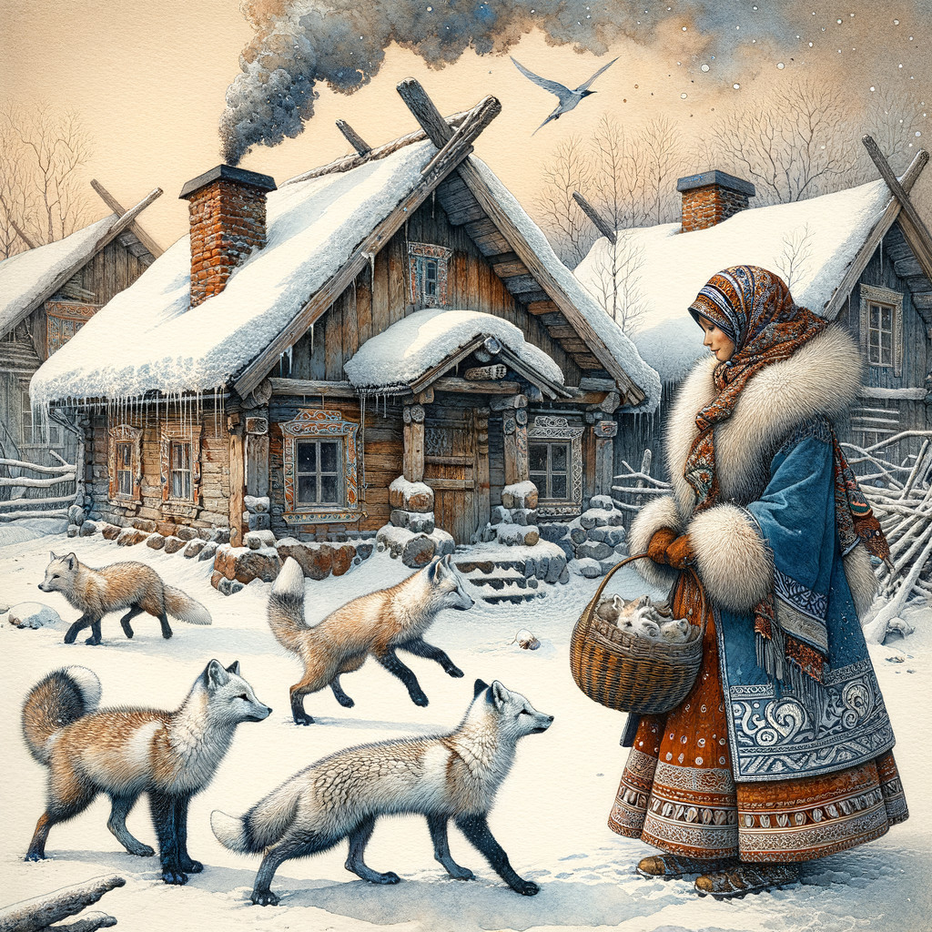 Watercolor Painting of Babushka with Foxes in Snow