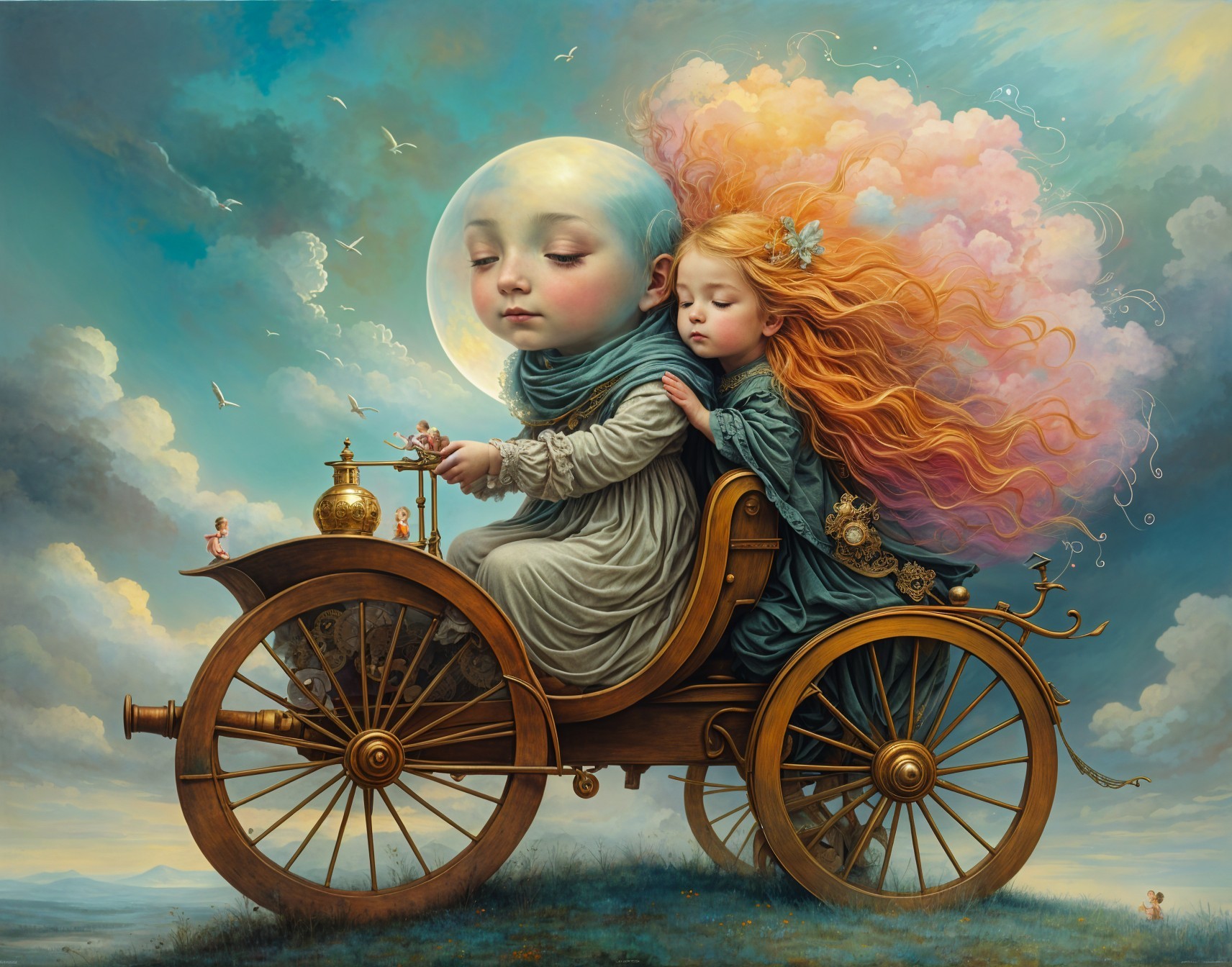 Whimsical Landscape with Vintage Cart and Moonlight