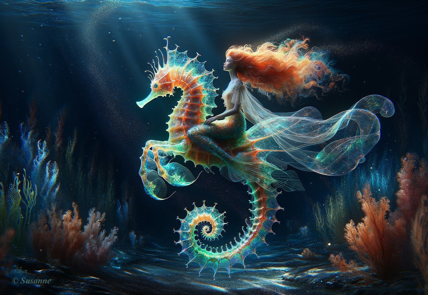 Mystical Underwater Scene with Ethereal Figure and Seahorse