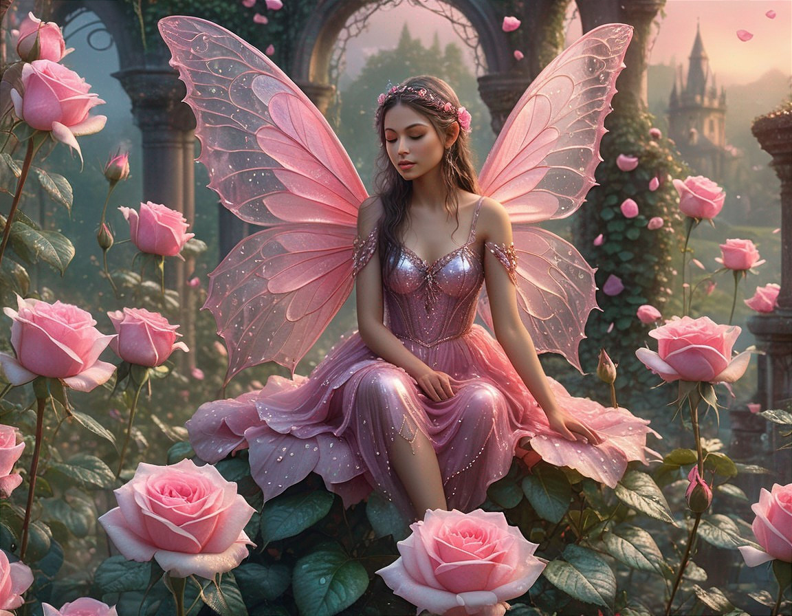 Fairy with Pink Wings Among Blooming Roses and Castle