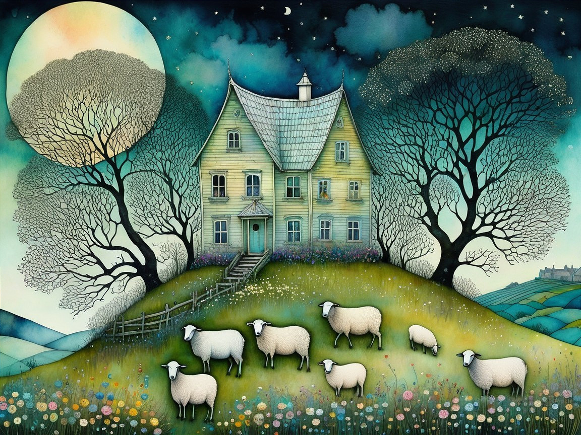 Whimsical Countryside Scene with Yellow House and Sheep