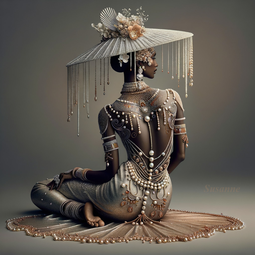 Elegant figure with intricate jewelry and striking hat