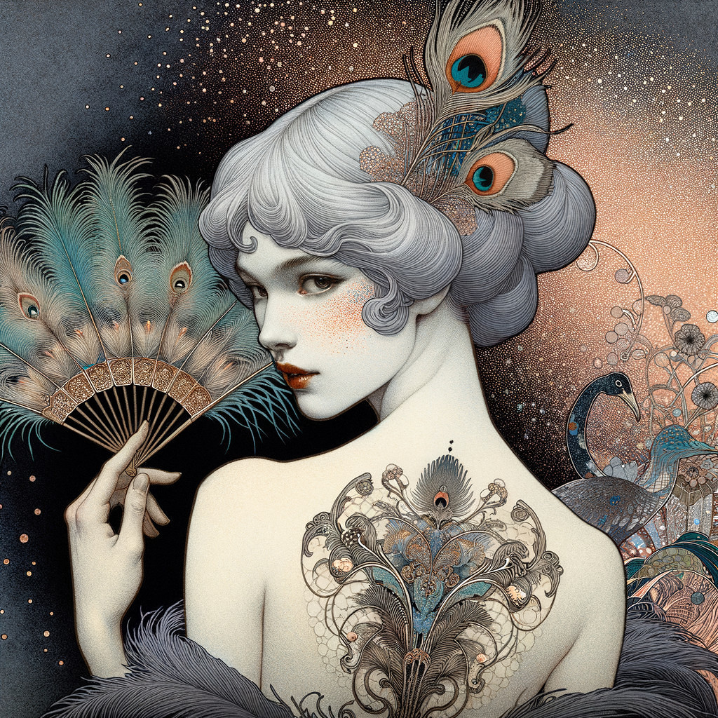 Elegant figure with silver hair and peacock motifs