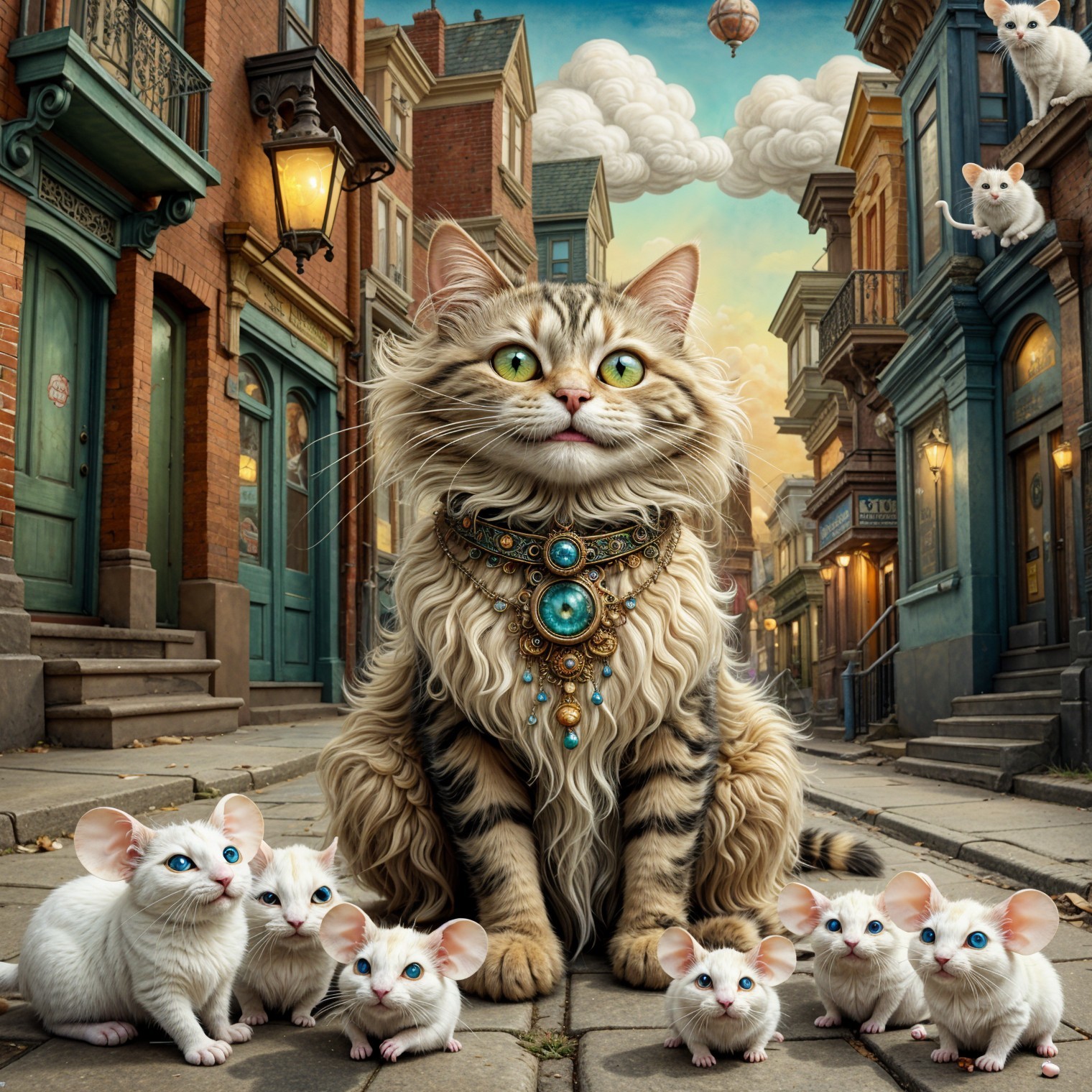 Regal Tabby Cat Surrounded by Curious White Mice