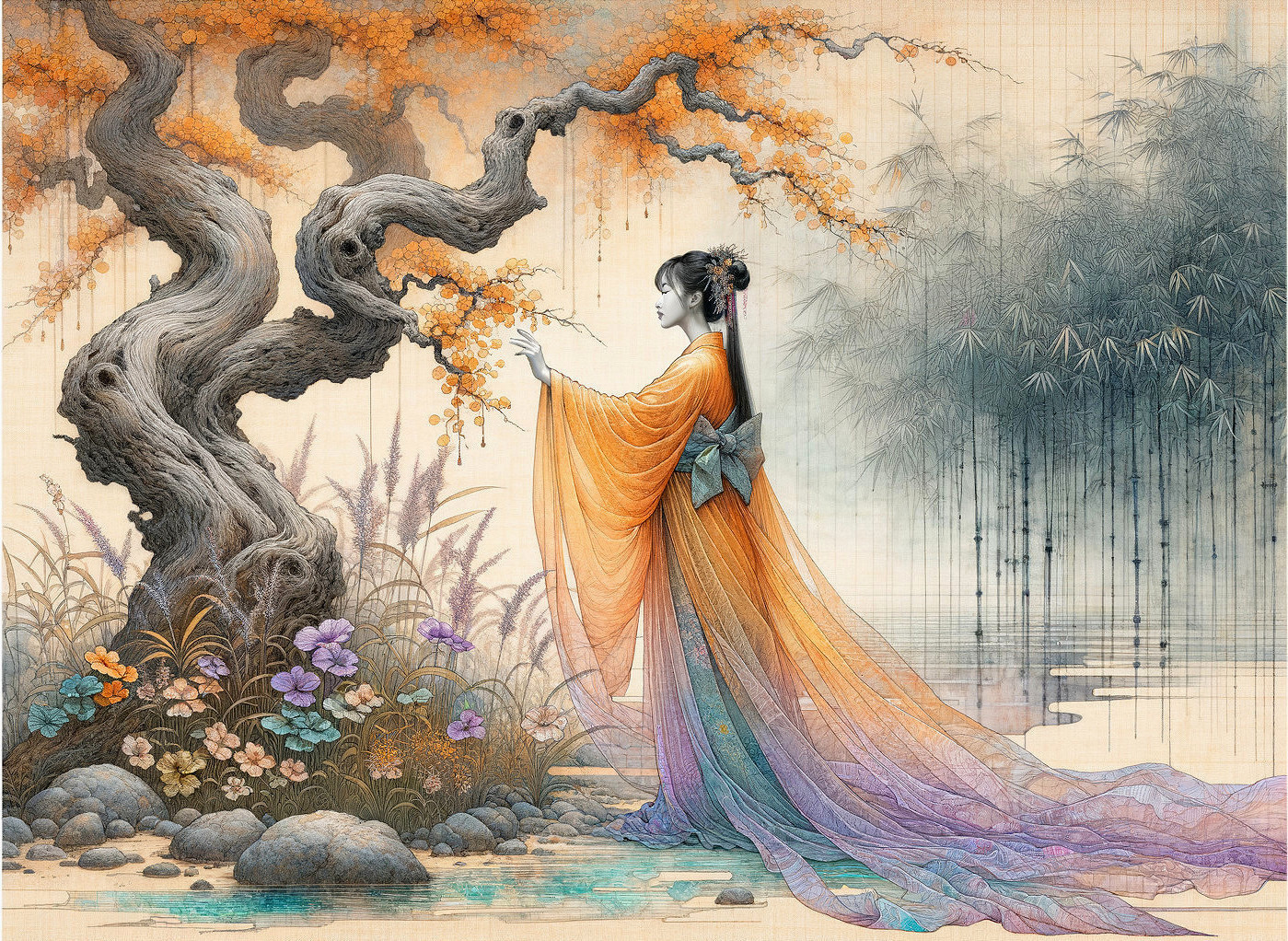 Graceful Woman in Flowing Kimono by Flowering Tree