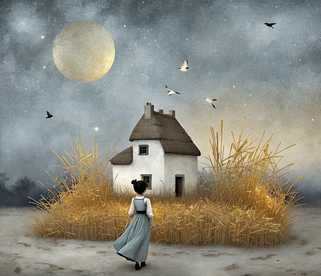 Solitary Figure by Thatched Cottage Under Moonlit Sky
