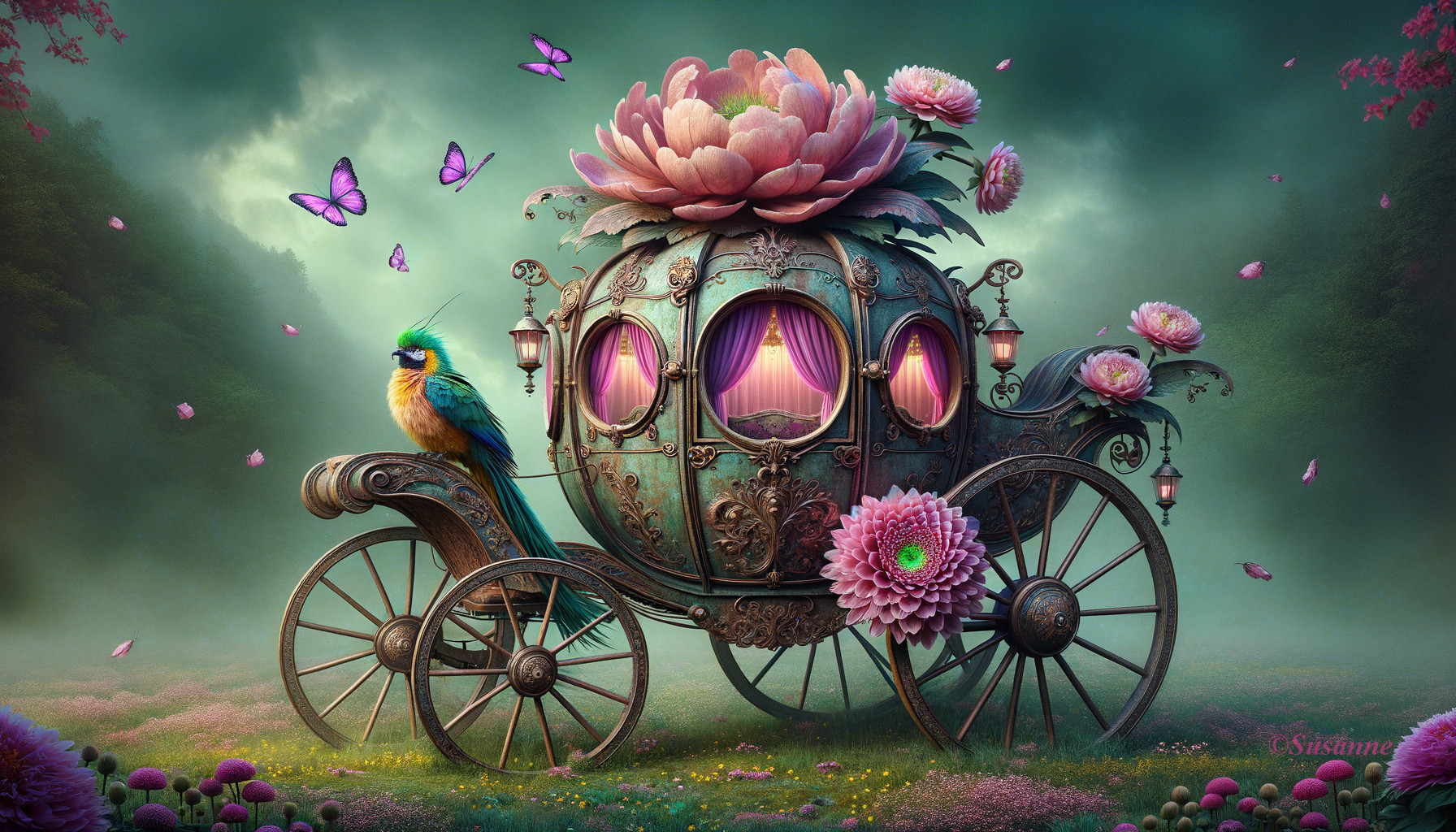 Ornate Floral Carriage Surrounded by Butterflies and Flowers