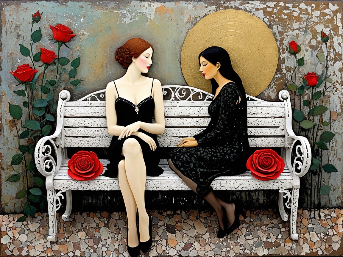 Elegant Women on Vintage Bench with Red Roses