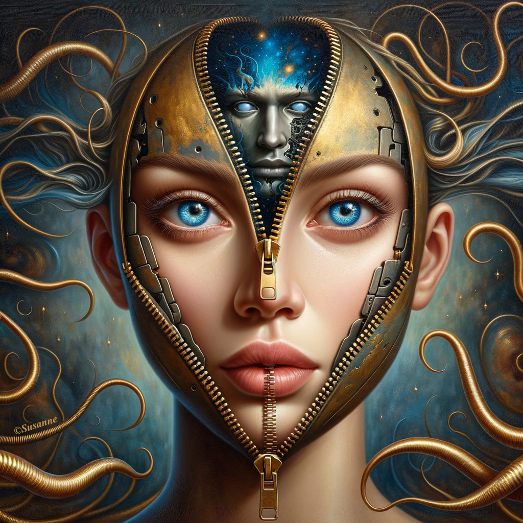 Digital painting: Woman with cosmic zipper head, gold mechanical details