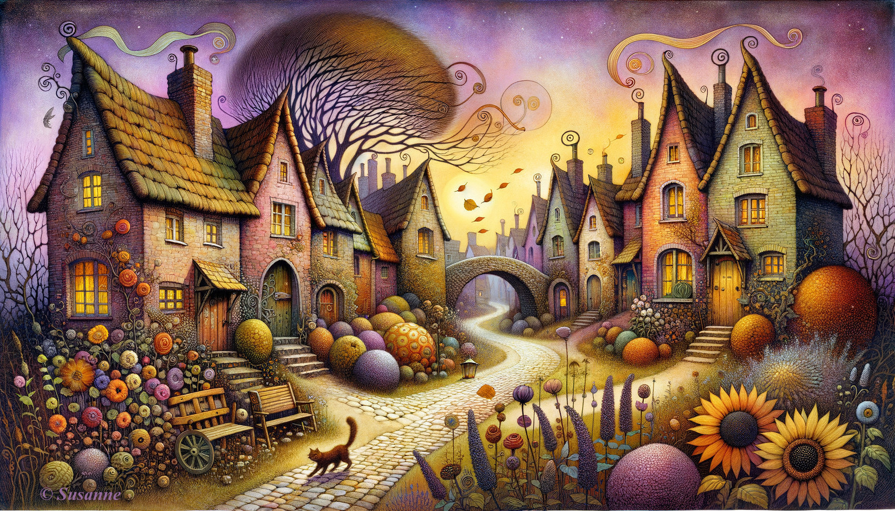 Whimsical Village Scene at Twilight with Vibrant Flora